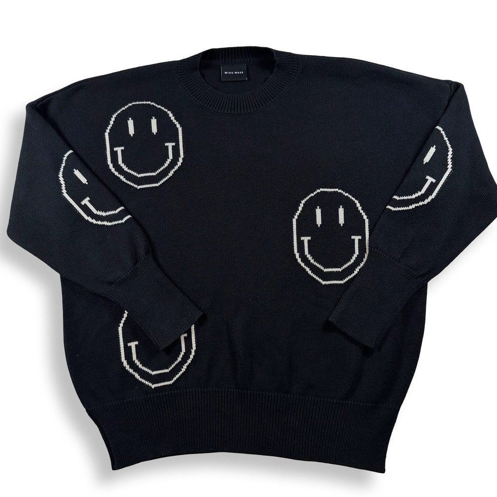 Miou Muse Smiley Face‎ Graphic Crewneck Sweater Black White MMT1581 Large
